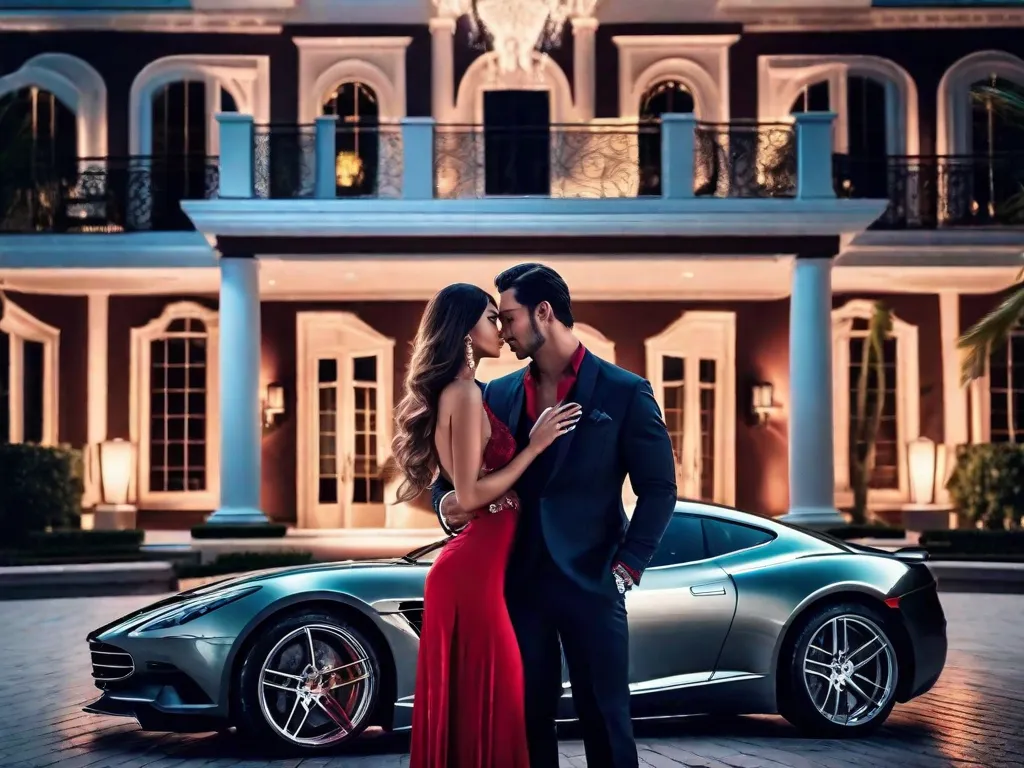 Um casal está em pé em um iate luxuoso, cercado por águas cristalinas e azuis. O homem bonito e poderoso abraça a mulher bonita, seus olhares se encontram em um olhar apaixonado. O sol se põe atrás deles, lançando um brilho quente enquanto eles embarcam em uma jornada de amor e luxo.