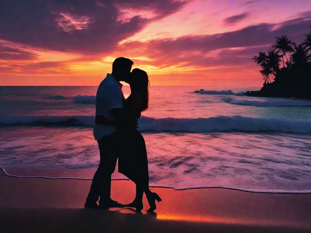 Um casal está em uma praia iluminada pela lua, suas silhuetas enquadradas por um pôr do sol vibrante. O homem segura a mulher próxima, acariciando suavemente sua bochecha, enquanto eles compartilham um beijo apaixonado. As ondas batem contra a praia, ecoando a intensidade do amor deles.