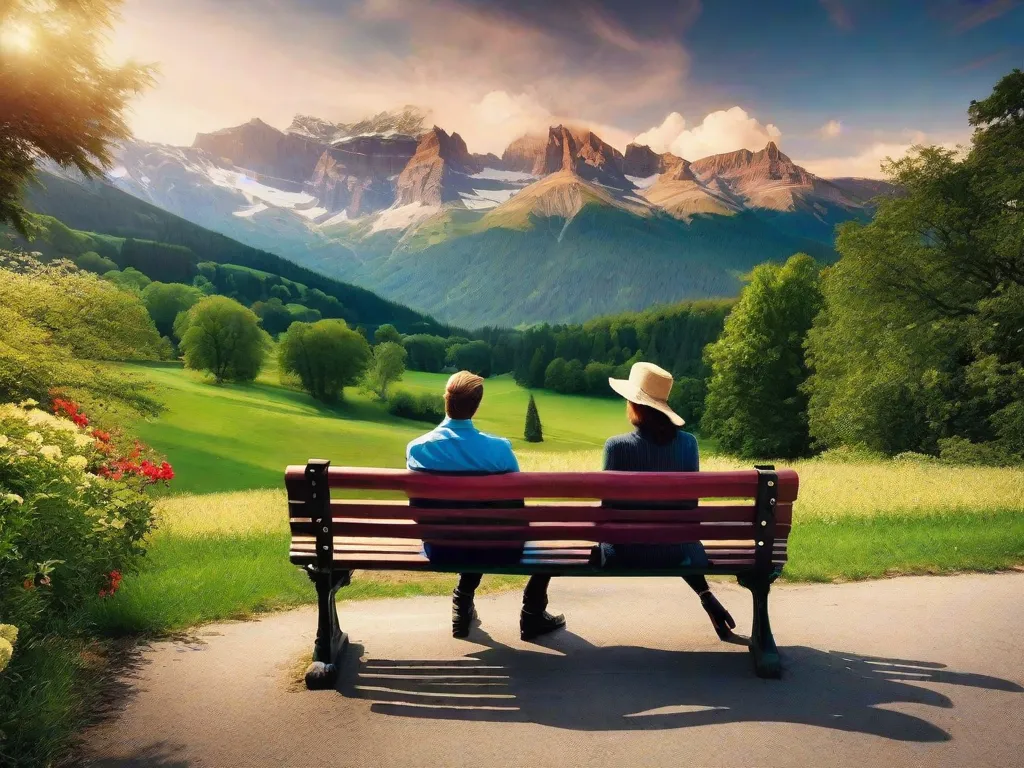 Na imagem, um casal está sentado em um banco de parque, cercado por uma paisagem pitoresca. Eles estão envolvidos em um abraço apaixonado, com uma pilha de romances ao lado deles. Os romances apresentam clichês clássicos como amor à primeira vista, amor proibido e finais felizes, simbolizando o apelo atemporal dos clichês românticos na literatura