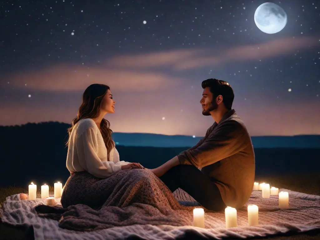 Um casal senta-se em um cobertor sob um céu estrelado, cercado por velas tremeluzentes. Eles compartilham um beijo suave enquanto a lua lança um brilho suave em seus rostos, criando uma atmosfera de puro romance e amor.