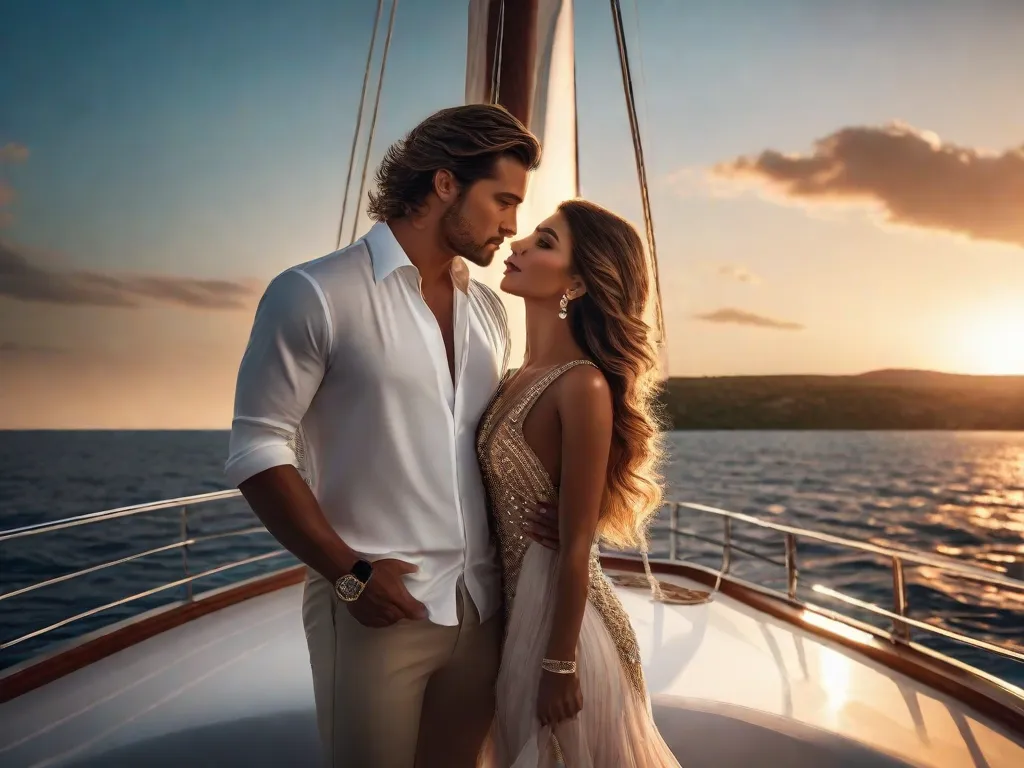 Um casal está em pé em um iate luxuoso, cercado por águas cristalinas e azuis. O homem bonito e poderoso abraça a mulher bonita, seus olhares se encontram em um olhar apaixonado. O sol se põe atrás deles, lançando um brilho quente enquanto eles embarcam em uma jornada de amor e luxo.