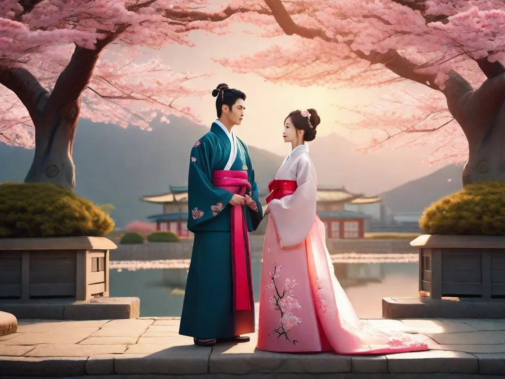 Um casal fica em um jardim pitoresco coreano, cercado por árvores de cerejeira em flor. Eles estão vestidos com trajes tradicionais hanbok, seus olhos fixos em um olhar apaixonado. A luz suave do sol os banha em um brilho quente, capturando a essência do romance coreano e criando uma atmosfera de sonho.