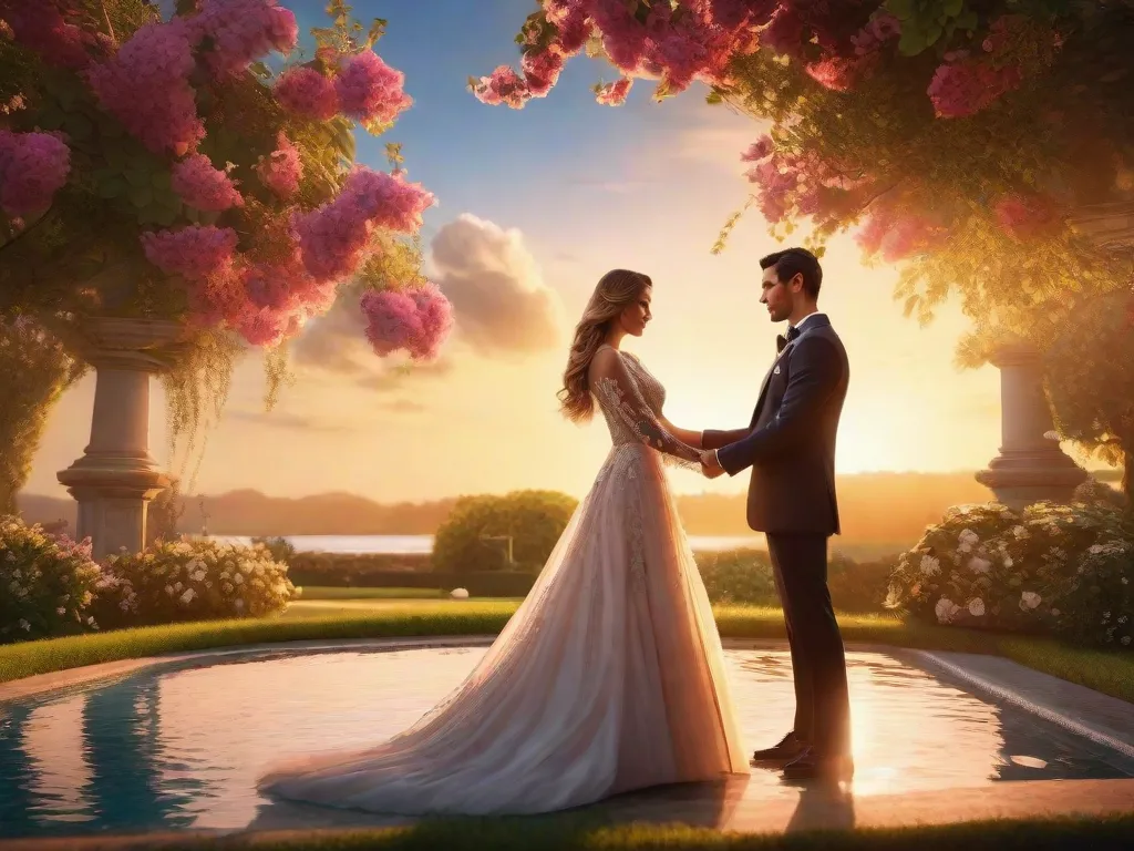 Na imagem, um casal está em uma praia pitoresca ao pôr do sol. O homem, vestido com um terno sob medida, segura a mulher próxima, seus corpos pressionados um contra o outro. Eles olham nos olhos um do outro com uma paixão intensa, capturando a essência de um romance atemporal encontrado nas páginas de um romance Harlequin.