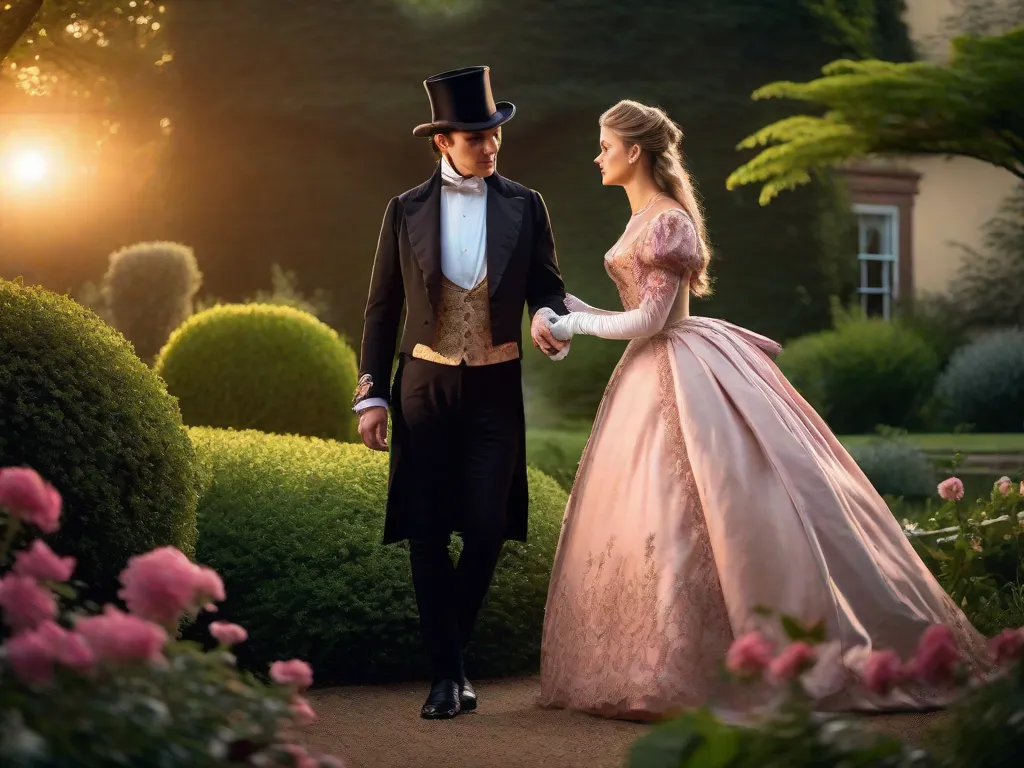 Na imagem, um casal vestido com trajes elegantes do século XIX está em um jardim exuberante. O homem, usando um chapéu-coco e casaca, olha amorosamente para a mulher em seu vestido esvoaçante, enquanto eles seguram as mãos e compartilham um abraço suave sob o suave brilho de um pôr do sol.