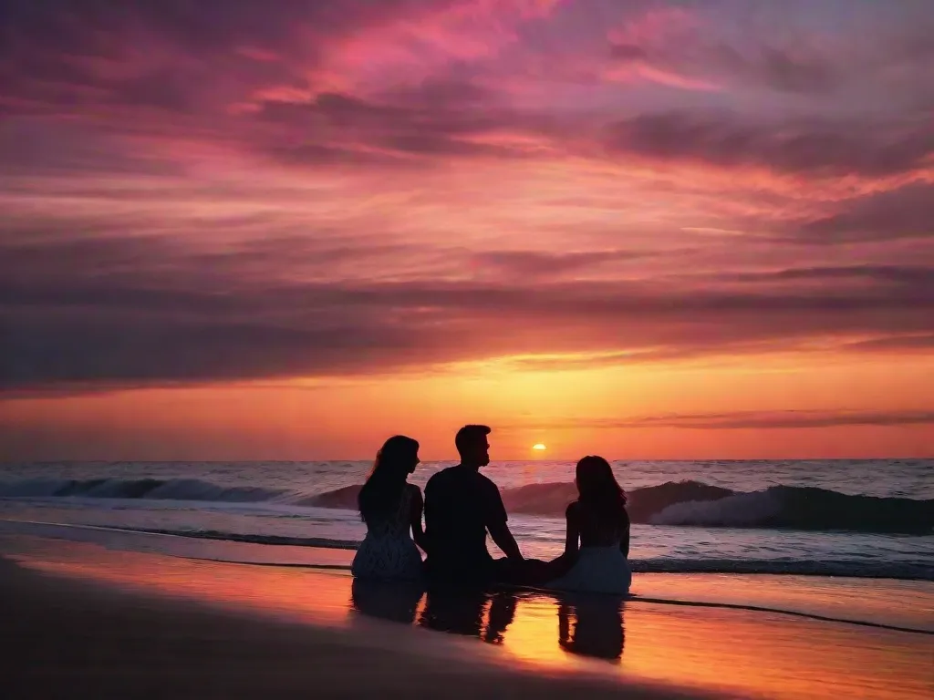 Um casal senta-se em uma praia de areia ao pôr do sol, suas silhuetas enquadradas pelas cores vibrantes do céu. As ondas suaves acariciam seus pés descalços enquanto eles seguram as mãos, perdidos em um momento de pura felicidade e amor.