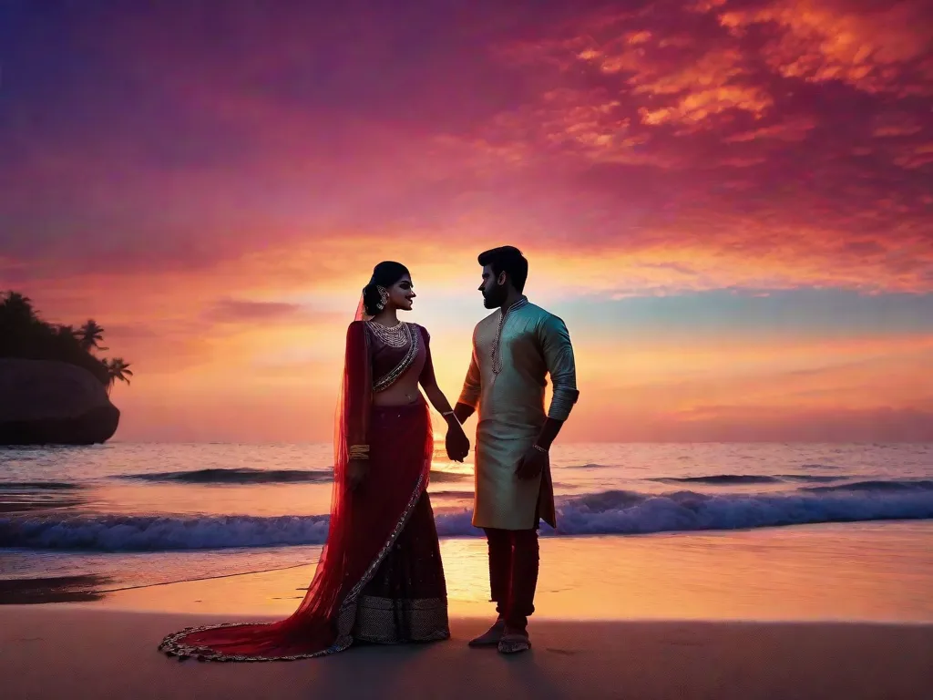 Um casal fica em uma praia pitoresca ao pôr do sol, suas silhuetas se misturam com as cores vibrantes do céu. O homem, vestido com trajes indianos tradicionais, segura suavemente a mão da mulher, adornada com um belo saree. Seu amor é palpável enquanto eles se abraçam, criando um momento atemporal de romance indiano.