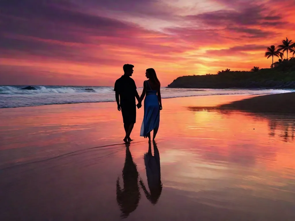 Um casal fica em uma praia isolada ao pôr do sol, suas silhuetas enquadradas pelas cores vibrantes do céu. Eles seguram as mãos, olhando nos olhos um do outro, enquanto ondas suaves acariciam a praia. A brisa quente carrega sussurros de amor, criando uma atmosfera de puro romance.