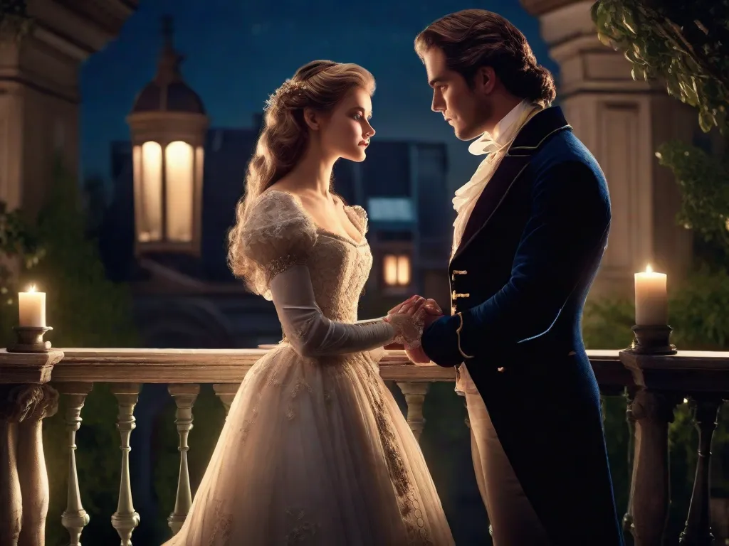 Um casal vestido elegantemente com trajes do século XIX fica em um terraço iluminado pela lua, suas mãos suavemente entrelaçadas enquanto se olham nos olhos. A luz suave das velas ilumina a cena, criando uma atmosfera romântica. A arquitetura ornamentada e o jardim exuberante ao fundo acrescentam ao encanto desse romance de época at