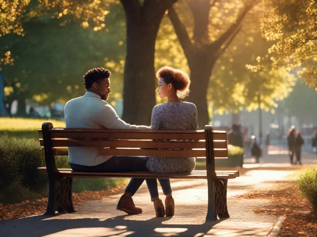 Descrição: Um casal sentado em um banco de parque, de mãos dadas e olhando nos olhos um do outro. A luz do sol ilumina suavemente seus rostos, criando uma atmosfera quente e romântica.