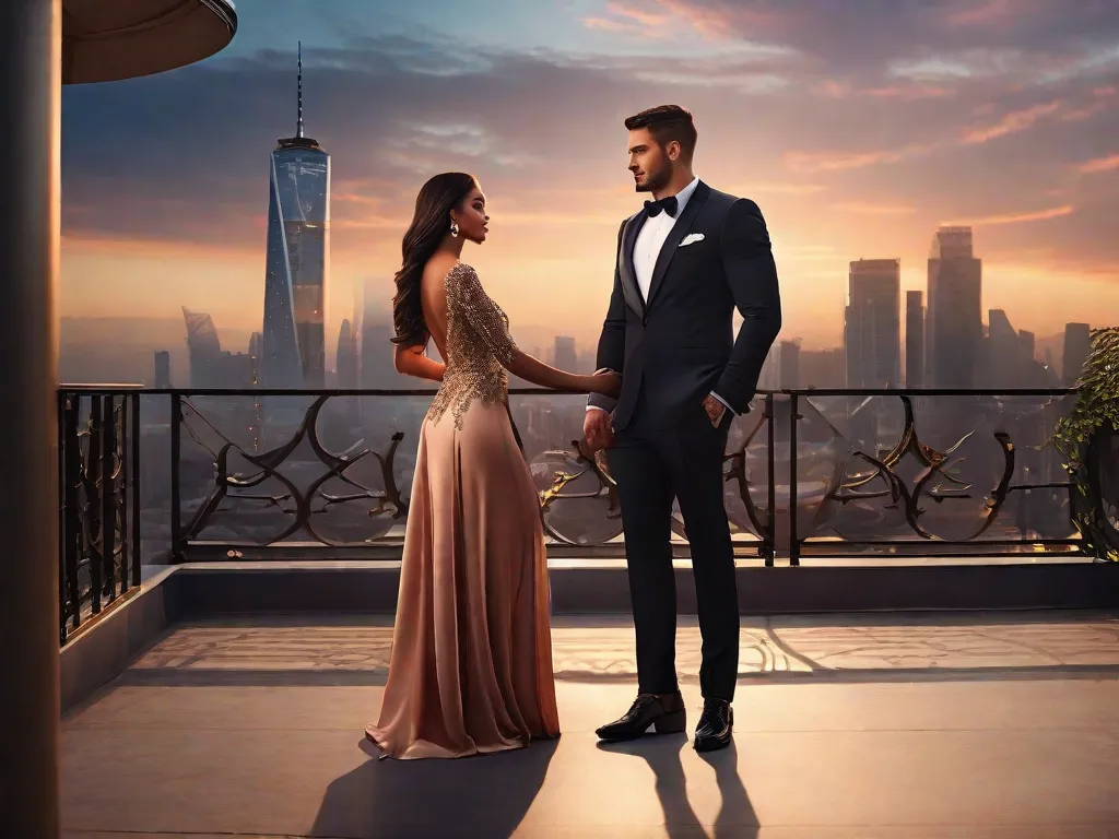 Um casal está em pé em um terraço luxuoso, com vista para um deslumbrante horizonte urbano ao pôr do sol. O homem, exalando confiança e riqueza, segura a mulher próxima a ele, seus olhos fixos com paixão. A cena está repleta de um inegável sentido de romance e do fascínio por homens poderosos e ricos.