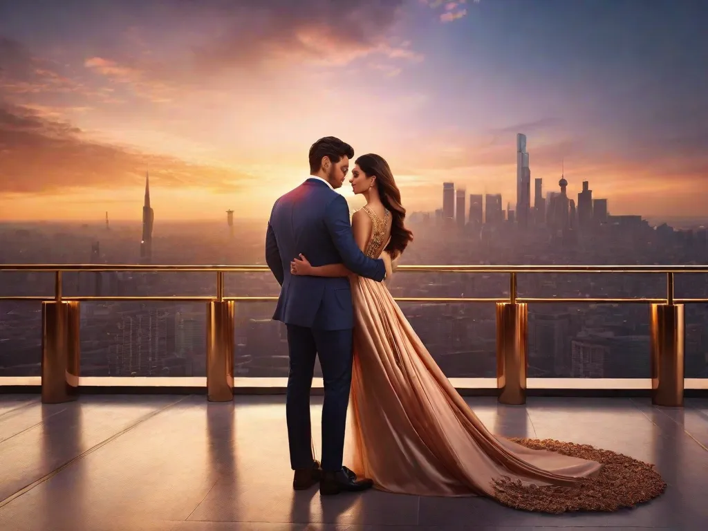 Um casal está em pé em um terraço luxuoso, com vista para um deslumbrante horizonte da cidade ao pôr do sol. O homem, exalando confiança e riqueza, abraça a mulher apaixonadamente. O amor deles é evidente em seus olhos, enquanto eles se deleitam na sedutora atração do romance e no poder de sua conexão.