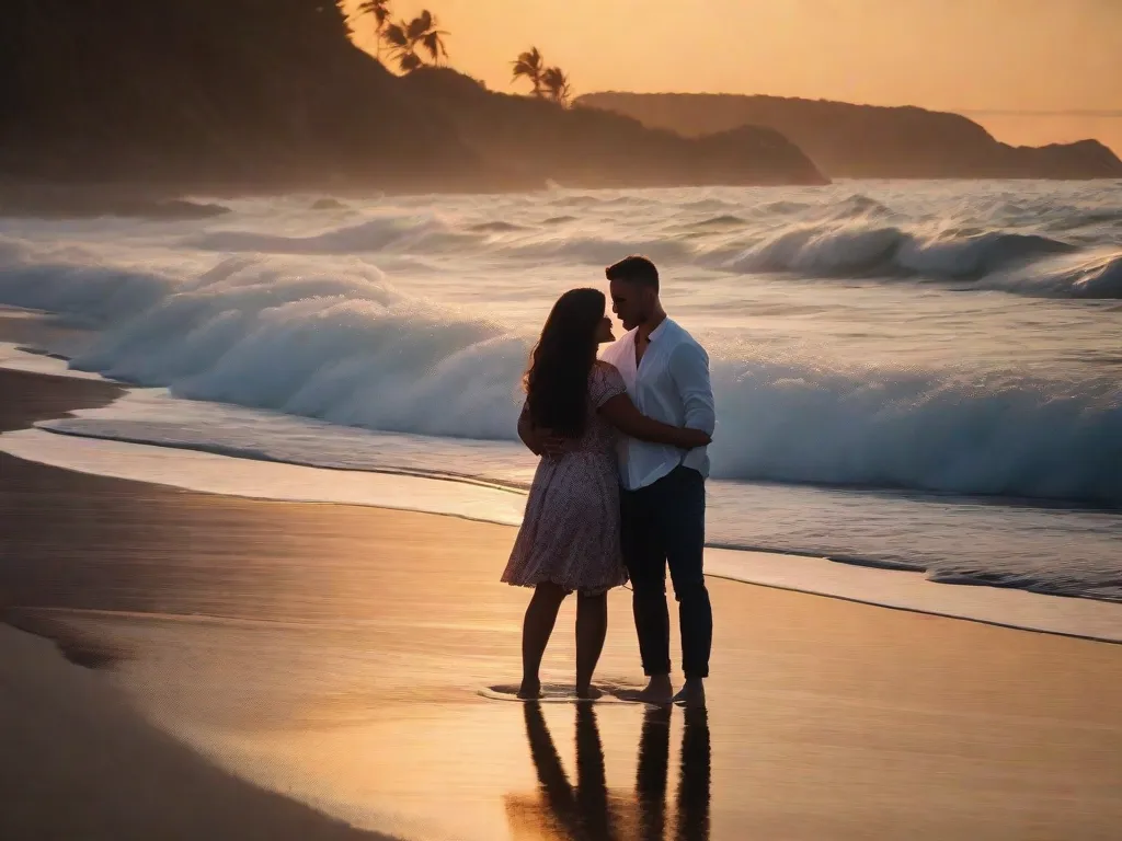 Um casal está em uma praia pitoresca ao pôr do sol, com os braços envoltos um no outro em um abraço caloroso. As ondas do oceano batem suavemente ao fundo, simbolizando o fluxo e refluxo de um relacionamento amoroso. Os sorrisos do casal refletem a alegria e a satisfação que encontram em sua conexão romântica.