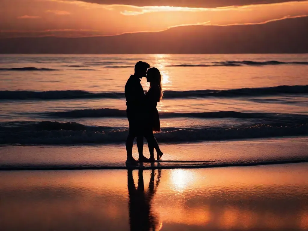 Um casal está em uma praia pitoresca ao pôr do sol, suas silhuetas se abraçando enquanto eles se olham nos olhos. Os tons quentes do céu refletem no oceano calmo, criando um cenário dos sonhos para a história de amor apaixonada deles.