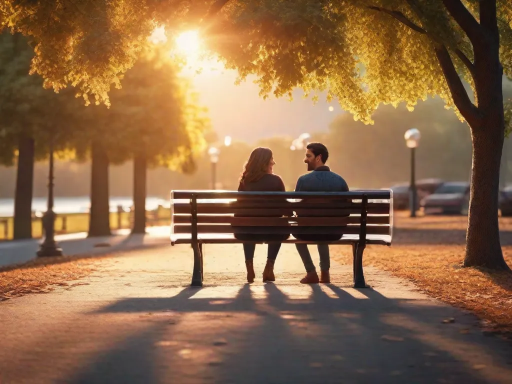 Descrição: Um casal sentado em um banco de parque, de mãos dadas e olhando nos olhos um do outro. A luz do sol ilumina suavemente seus rostos, criando uma atmosfera quente e romântica.