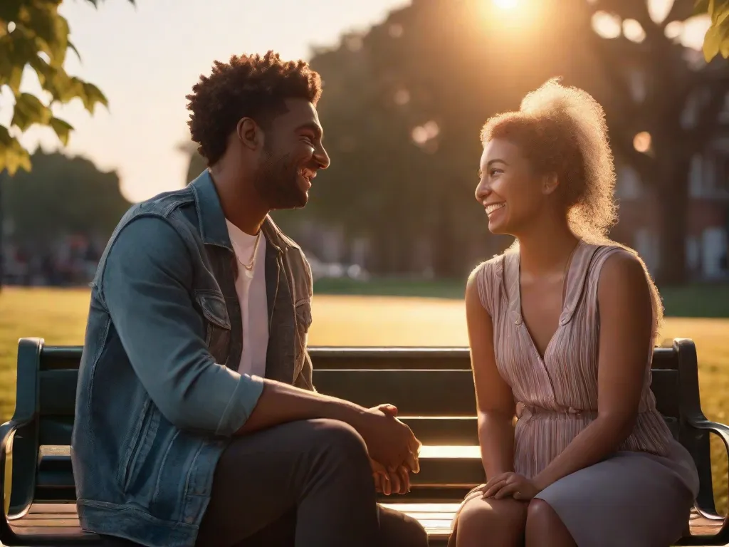 Um casal sentado em um banco de parque, de mãos dadas e sorrindo um para o outro. O sol está se pondo ao fundo, lançando um brilho quente em seus rostos. Eles estão envolvidos em uma conversa, aproveitando a companhia um do outro e a tranquilidade do momento.