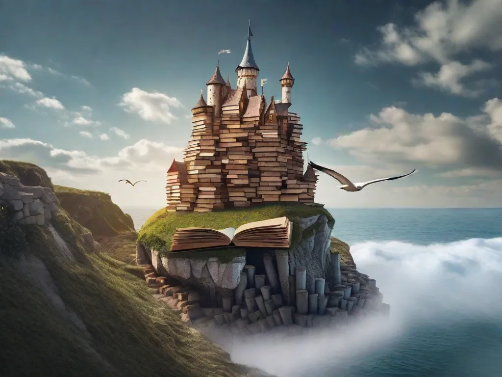 Uma imagem caprichosa de um castelo mágico e flutuante feito inteiramente de livros. O castelo ergue-se alto, com suas páginas tremulando ao vento, revelando vislumbres de histórias encantadoras. Cada livro representa um mundo diferente esperando para ser explorado, convidando os leitores a embarcar em uma aventura literária dentro das paredes do castelo.