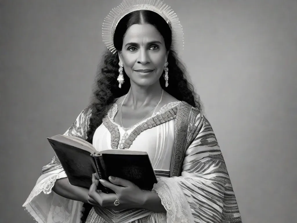 Descrição: Uma fotografia em preto e branco de Cecília Meireles, uma renomada poetisa brasileira, vestindo um traje tradicional e segurando um livro em suas mãos. Seus olhos refletem sabedoria e criatividade, capturando a essência de suas contribuições literárias para o mundo.