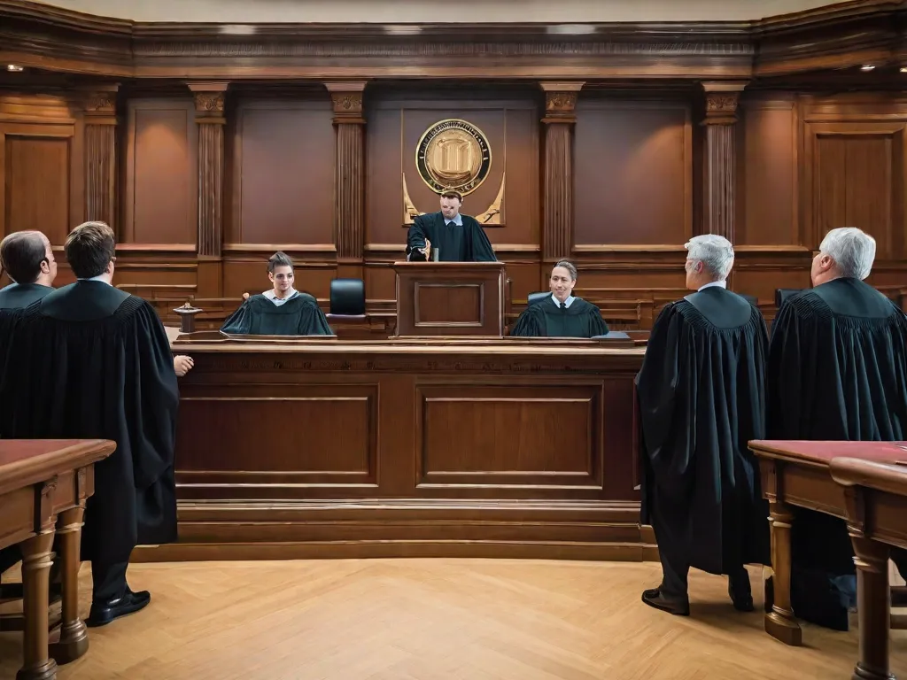 Descrição da imagem:
Uma cena de tribunal é retratada, com o juiz sentado em uma plataforma elevada, usando sua robe preta e segurando um martelo. Advogados de ambos os lados estão em pé na frente do juiz, apresentando seus argumentos. O ambiente é sério e profissional, simbolizando o processo de litígio civil.
