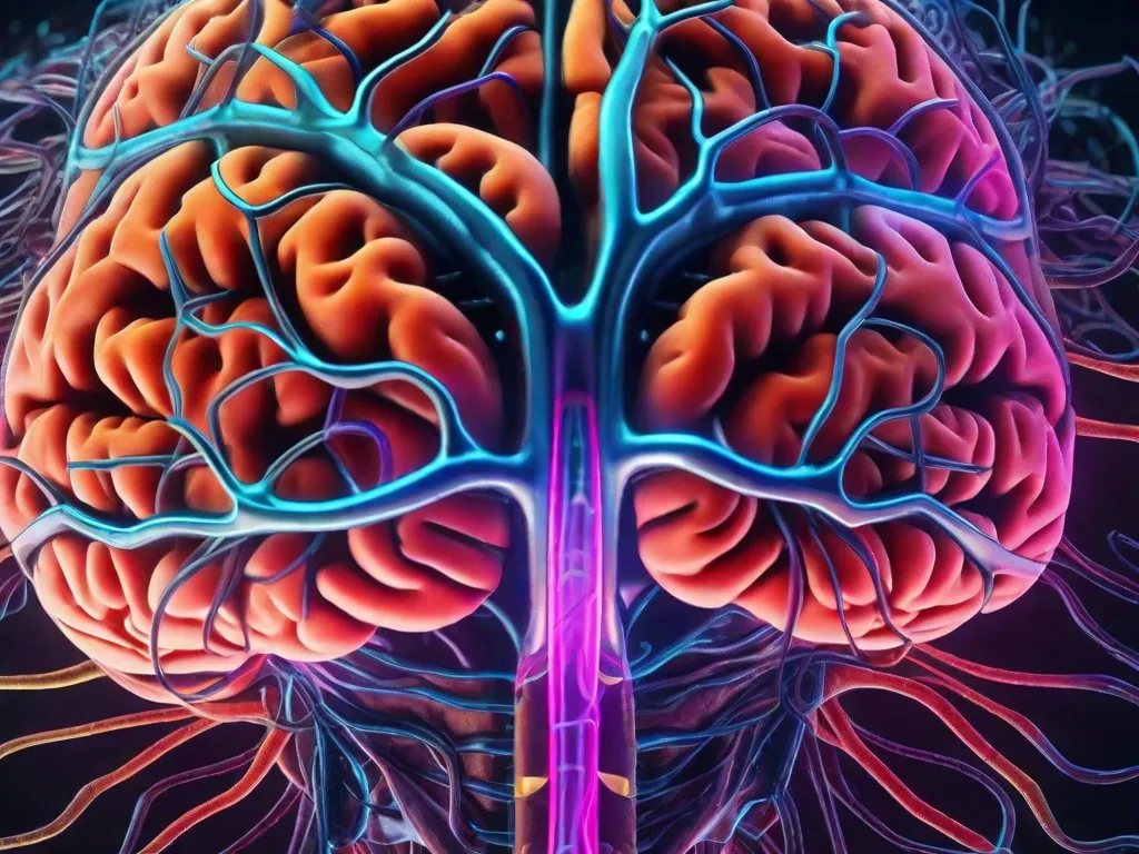 Uma imagem em close-up de um cérebro humano, mostrando a intrincada rede de caminhos neurais e estruturas. As cores vibrantes destacam diferentes regiões, como o lobo frontal, cerebelo e hipocampo, enfatizando a complexidade e beleza da neuroanatomia.