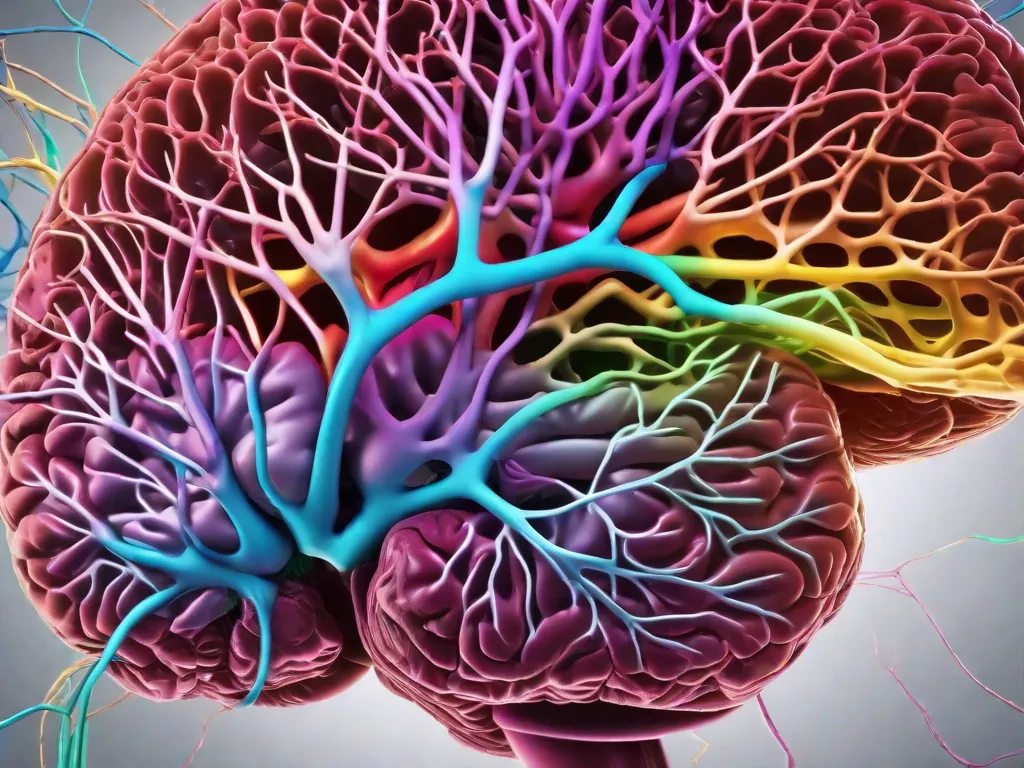 Uma imagem em close-up de um cérebro humano, mostrando a intrincada rede de caminhos neurais e estruturas. As cores vibrantes destacam diferentes regiões, como o lobo frontal, cerebelo e hipocampo, enfatizando a complexidade e beleza da neuroanatomia.