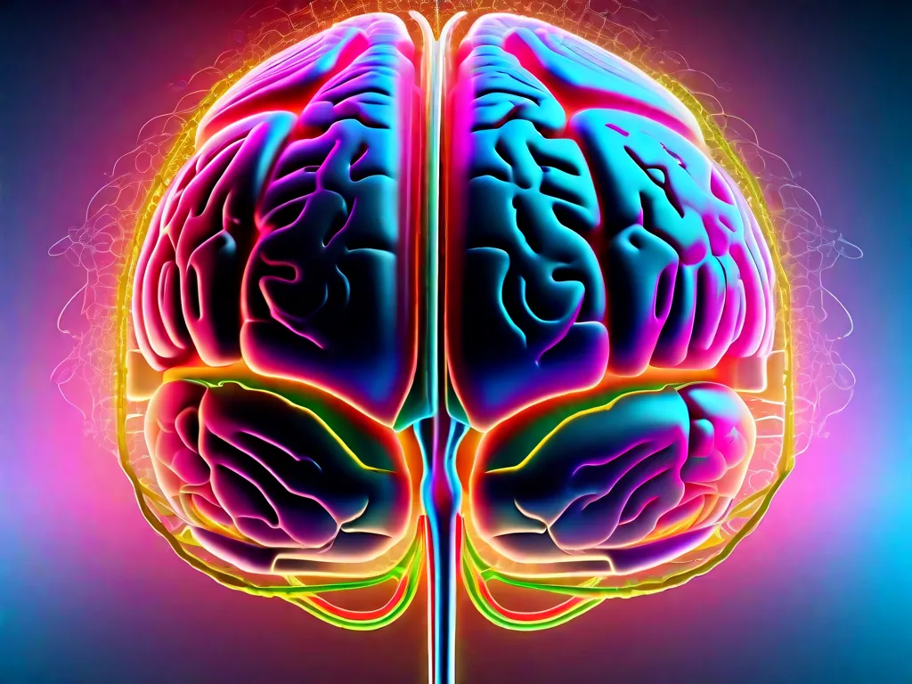 Uma imagem em close-up de um cérebro humano, mostrando sua intrincada rede de caminhos neurais e estruturas. As cores vibrantes destacam diferentes regiões, como o lobo frontal, lobo parietal e cerebelo, representando a complexidade e beleza da neuroanatomia.
