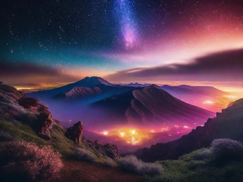 Descrição da imagem: Uma vista deslumbrante de um céu estrelado vasto, se estendendo até o horizonte. As cores vibrantes da galáxia e as estrelas brilhantes criam um espetáculo hipnotizante, evocando uma sensação de maravilha e as infinitas possibilidades que estão além do nosso alcance.