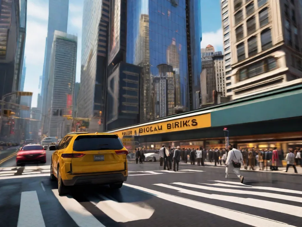 Descrição: Uma imagem mostrando uma rua movimentada de uma cidade, cheia de arranha-céus altos e tráfego intenso. Pessoas vestidas com roupas de negócios podem ser vistas caminhando rapidamente nas calçadas, enquanto carros passam em alta velocidade na estrada. A paisagem urbana vibrante representa a natureza acelerada e dinâmica da ideologia de direita.