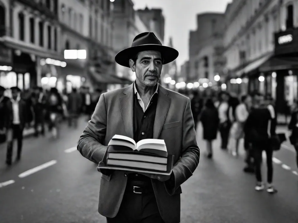 Descrição da imagem: Uma fotografia em preto e branco de Marcelino Freire, um renomado escritor brasileiro, sentado em uma mesa com uma máquina de escrever. Ele está pensativo, com uma expressão contemplativa no rosto, rodeado por pilhas de livros e folhas de papel espalhadas. A imagem captura a essência do seu processo criativo e dedicação à literatura.