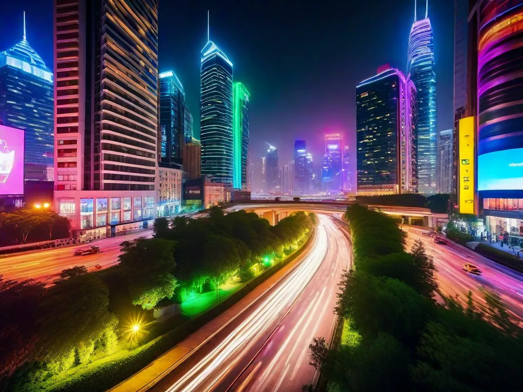 Uma paisagem urbana vibrante à noite, com arranha-céus altos iluminados por luzes coloridas. As ruas movimentadas abaixo estão cheias de carros e pessoas, criando uma sensação de energia e movimento. A imagem captura a natureza dinâmica e acelerada da vida urbana.