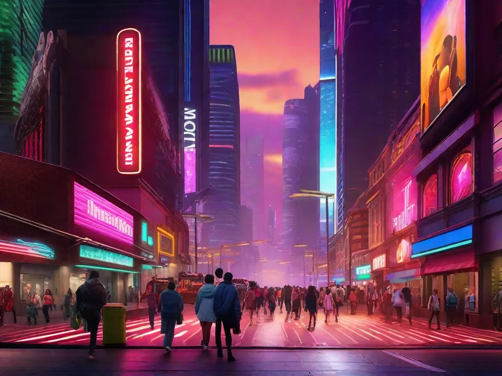 Tema: Vida Urbana
Descrição: Uma movimentada rua da cidade ao entardecer, iluminada por vibrantes luzes de néon. Pessoas de todas as idades e origens caminham pela calçada, imersas em seus próprios mundos. Os imponentes arranha-céus criam um cenário hipnotizante, simbolizando a natureza acelerada e diversa da vida urbana