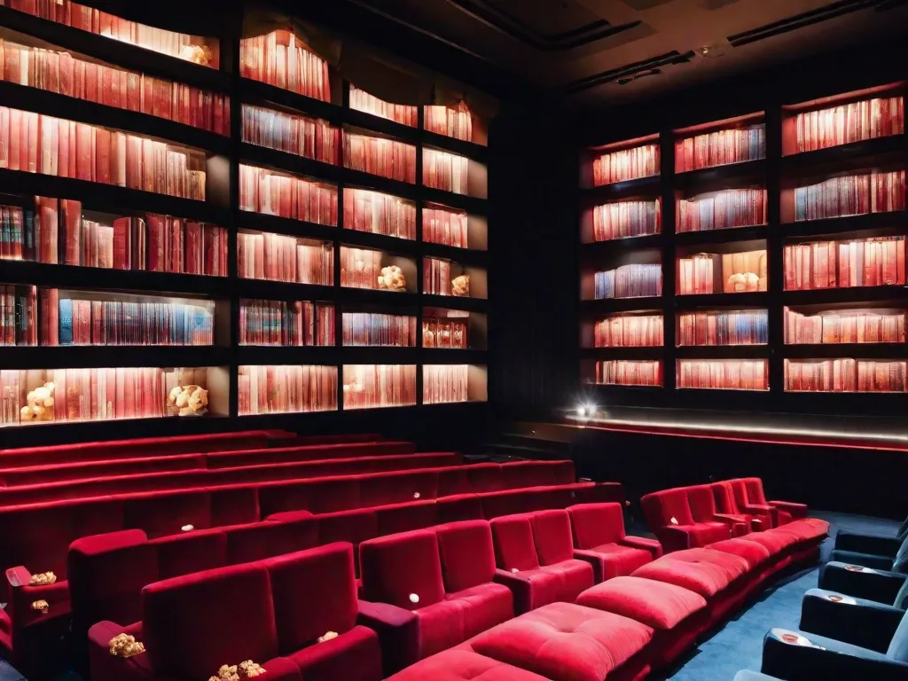 Um cantinho aconchegante em um cinema vintage, adornado com poltronas de veludo vermelho macio e uma placa de letreiro clássica. As cadeiras são ocupadas por livros, cada um representando um gênero diferente, como se estivessem ansiosos por sua vez na tela grande. A atmosfera exala a magia da narrativa.