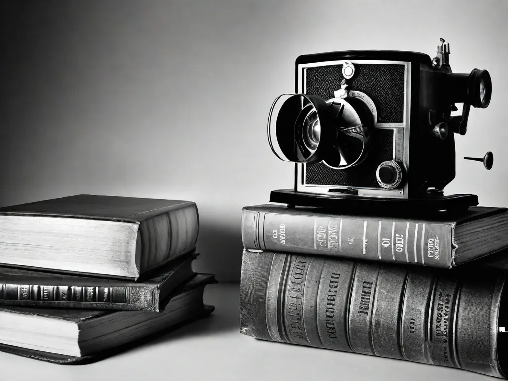 Descrição da imagem: Um canto aconchegante em um cinema com pouca luz, com fileiras de assentos vermelhos e macios voltados para uma tela grande. Na tela, em vez de imagens em movimento, há pilhas de livros organizados como bobinas de filme, cada um representando um gênero ou história diferente. O ambiente está preenchido com o aroma encantador de pipoca recém-estourada