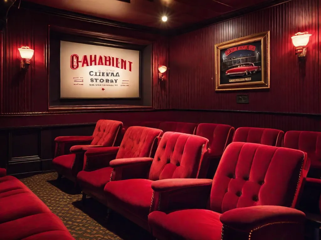 Um cantinho aconchegante em um cinema vintage, adornado com poltronas de veludo vermelho macio e uma placa de letreiro clássica. As cadeiras são ocupadas por livros, cada um representando um gênero diferente, como se estivessem ansiosos por sua vez na tela grande. A atmosfera exala a magia da narrativa.