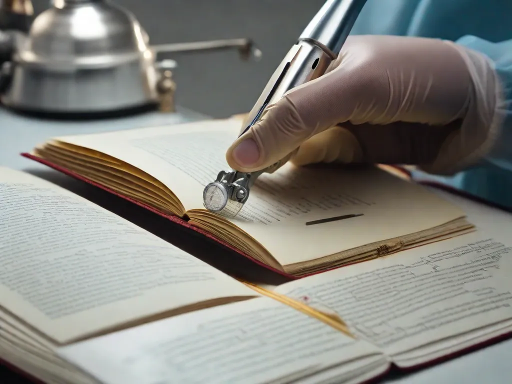 Uma imagem em close-up de um bisturi cirúrgico delicadamente cortando as páginas de um livro aberto, simbolizando o poder transformador do conhecimento e a precisão necessária no campo da cirurgia. As páginas estão preenchidas com diagramas intrincados e ilustrações médicas, mostrando a intersecção entre literatura e medicina.
