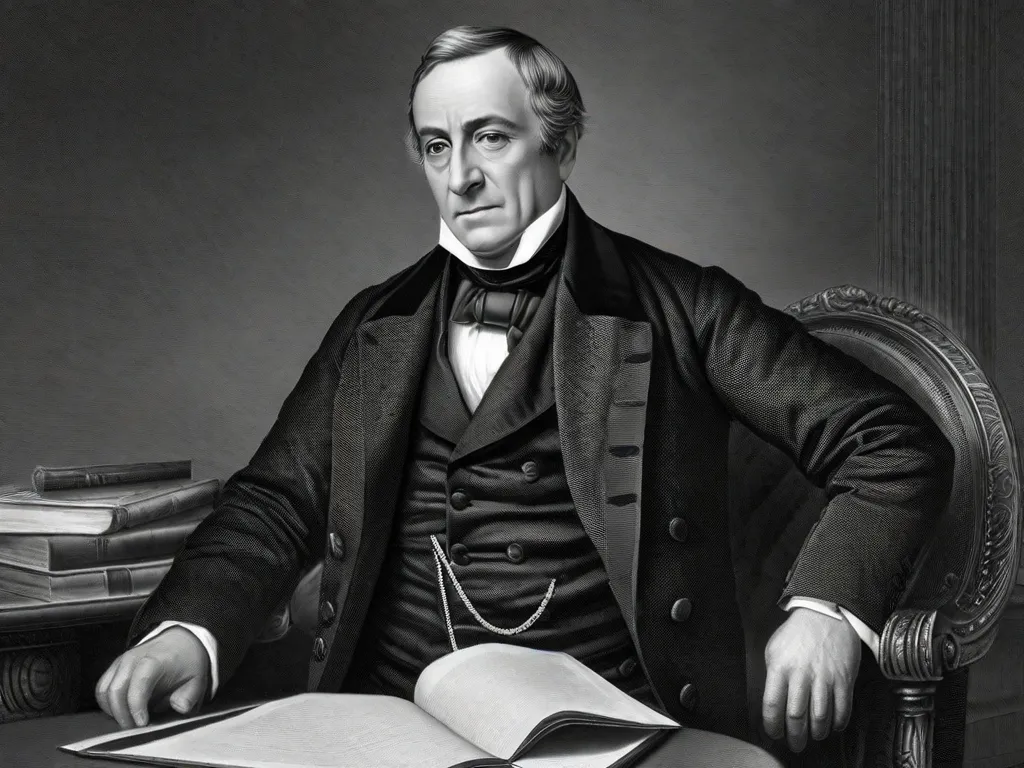 Descrição da imagem:
Um retrato em preto e branco de David Ricardo, um renomado economista do século XIX. Ele está retratado usando um terno formal e gravata, com uma expressão séria no rosto. A imagem captura seu comportamento intelectual e contribuição para a teoria econômica.