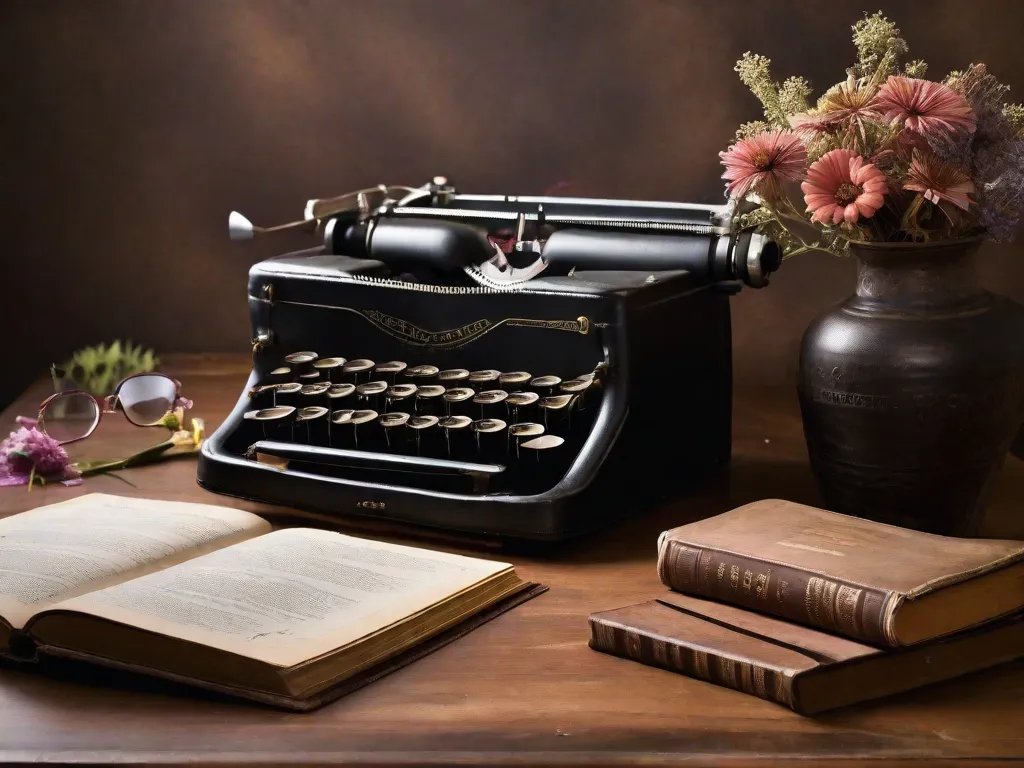 Descrição da imagem: Uma fotografia em close-up de uma máquina de escrever desgastada, com uma pilha de livros antigos ao lado. As teclas da máquina de escrever estão ligeiramente desbotadas, indicando anos de escrita dedicada. Os livros são bem amados, suas páginas amareladas pelo tempo e cheias de histórias esperando para serem descobertas pelos leitores.