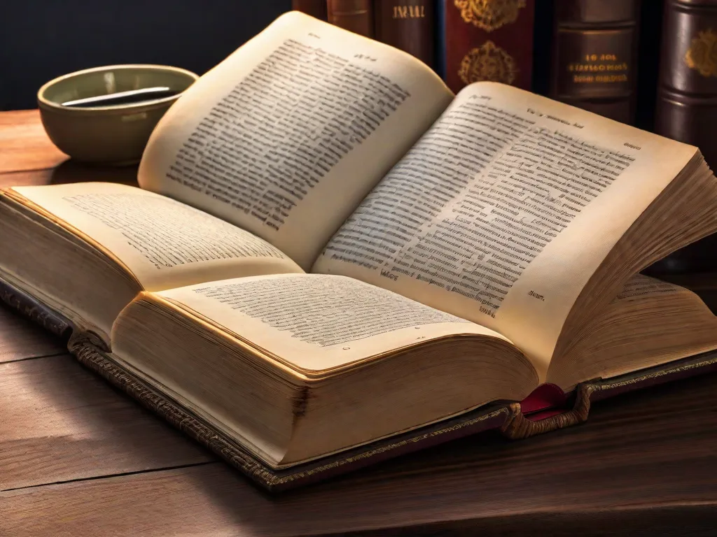 Descrição da imagem: Uma fotografia em close-up de um dicionário aberto, com as páginas abertas. As páginas estão preenchidas com palavras, definições e explicações gramaticais organizadas de forma ordenada. O dicionário está colocado em uma mesa de madeira, rodeado por alguns livros desgastados, indicando uma atmosfera acadêmica e literária.