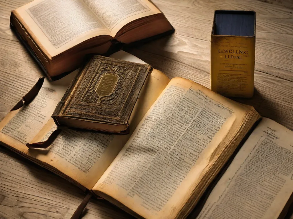 A imagem retrata um dicionário de inglês desgastado, com suas páginas levemente rasgadas e amareladas. O livro aberto mostra várias palavras e suas definições, simbolizando o poder da linguagem e a importância de aprender e expandir o vocabulário.