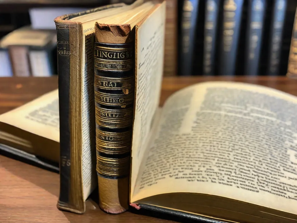 Descrição da imagem: Uma fotografia em close-up de um dicionário bastante usado, aberto sobre uma mesa de madeira. As páginas estão ligeiramente amareladas pelo tempo, e as palavras