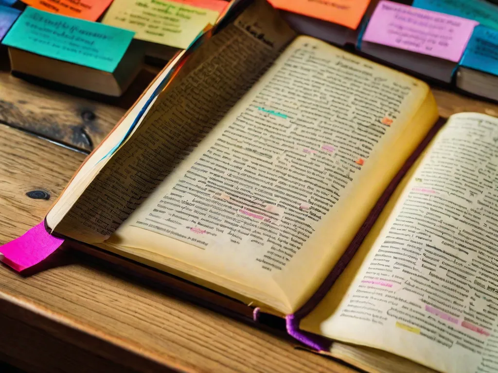 Descrição da imagem: Uma fotografia em close-up de um dicionário bastante usado com suas páginas ligeiramente abertas. As páginas estão preenchidas com palavras relacionadas à linguística, destacadas por notas adesivas coloridas e vibrantes. O dicionário repousa sobre uma mesa de madeira, cercado por outros livros sobre linguagem e comunicação, simbolizando o vasto conhecimento e exploração da linguística