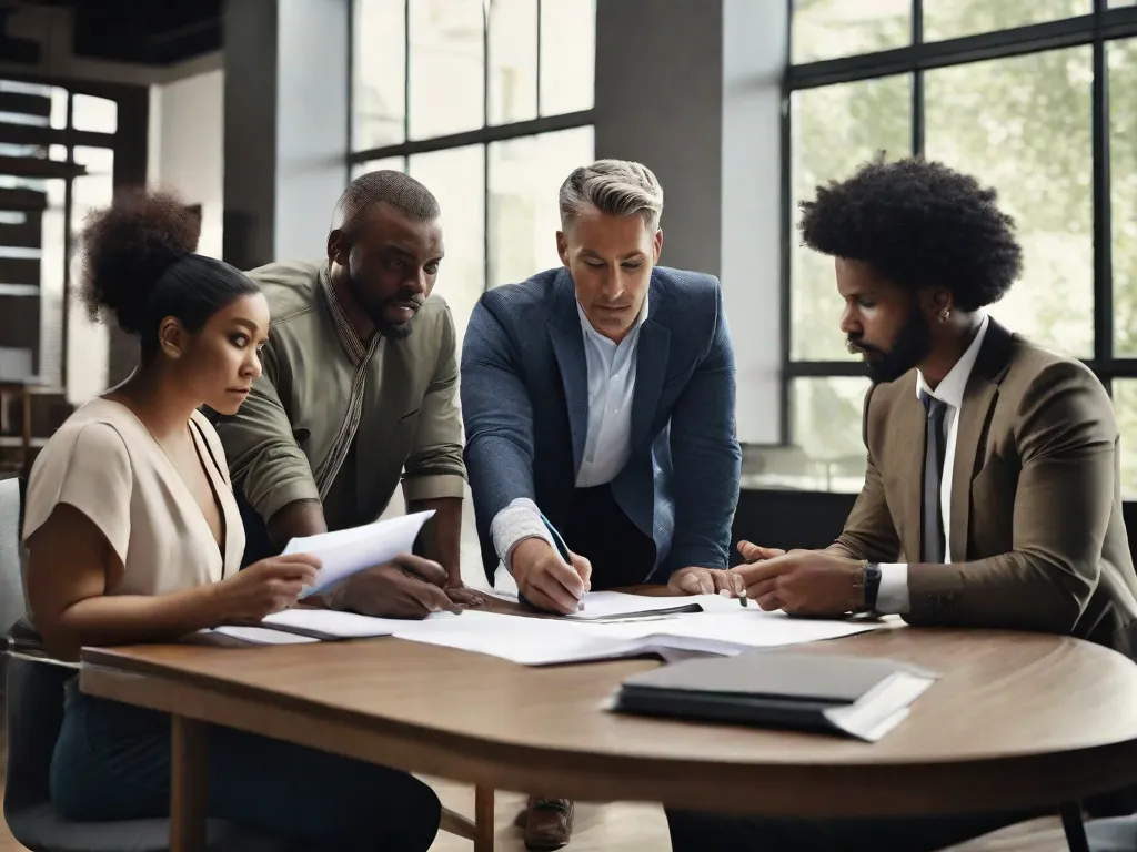 Uma fotografia de um grupo de adultos sentados ao redor de uma mesa, envolvidos em uma discussão e segurando documentos. Eles estão examinando e organizando cuidadosamente seus pertences, simbolizando o processo de inventário e compartilhamento. A imagem captura a atmosfera colaborativa e ponderada dessa tarefa.