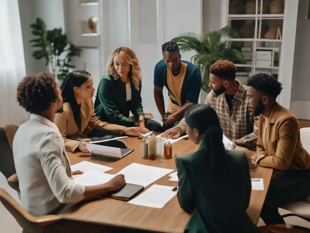 Uma foto de um grupo de pessoas sentadas ao redor de uma mesa, envolvidas em uma discussão e compartilhando documentos. Eles estão cuidadosamente revisando e organizando seus pertences, simbolizando o processo de inventário e distribuição. A imagem representa colaboração, transparência e justiça na divisão de ativos ou recursos entre indivíduos ou grupos.