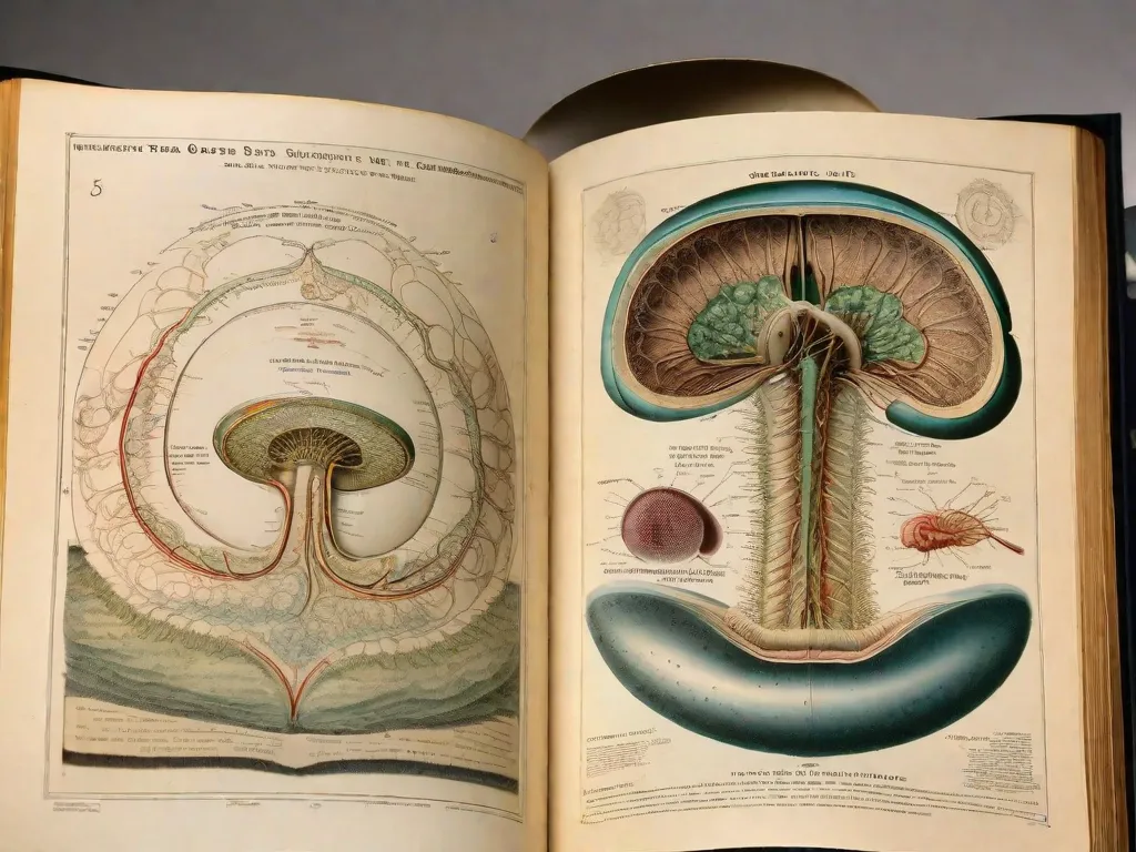 Descrição da imagem: Uma fotografia em close-up de uma pilha de livros didáticos sobre embriologia, organizados de forma arrumada em uma mesa de madeira. Os livros estão abertos, revelando diagramas coloridos e ilustrações detalhadas que retratam as etapas do desenvolvimento embrionário. Um par de óculos de leitura repousa sobre os livros, indicando alguém imerso no est
