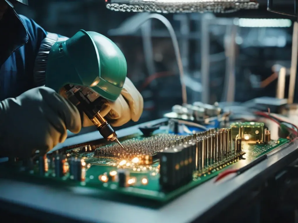 Uma imagem em close-up de uma placa de circuito com padrões intrincados de componentes eletrônicos e caminhos, simbolizando a complexidade e precisão da engenharia elétrica. As cores vibrantes e o design detalhado destacam a expertise técnica necessária nessa área.
