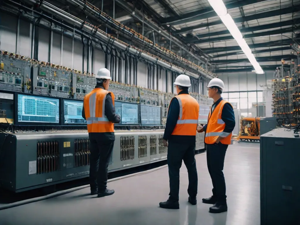 A imagem mostra um grupo de engenheiros em uma usina elétrica, usando capacetes de segurança e analisando um sistema elétrico complexo. Eles estão rodeados por cabos de alta voltagem, painéis de controle e maquinário industrial, simbolizando o campo da engenharia elétrica e seu papel em fornecer energia para o nosso mundo moderno.