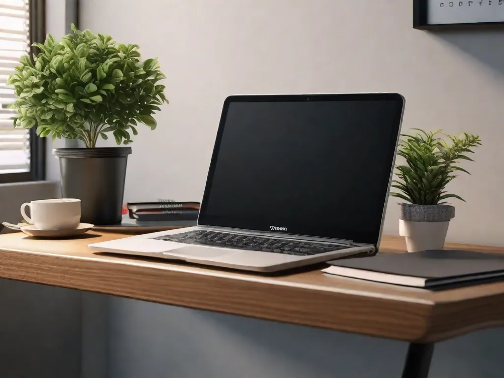 Descrição: Uma mesa arrumada com um laptop, caderno e caneta. A mesa também possui um organizador de arquivos com pastas etiquetadas, uma xícara de café e uma planta em vaso. Tudo está no seu lugar, refletindo uma sensação de organização e produtividade.