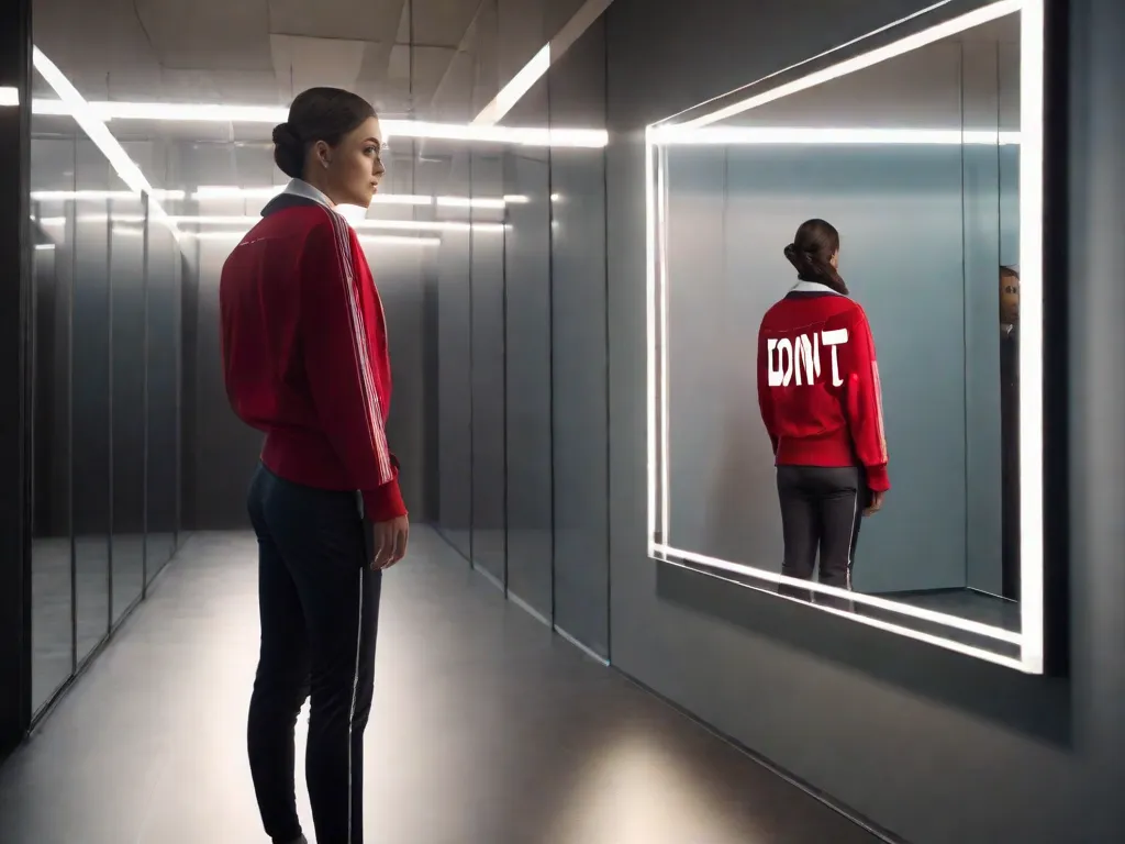 Descrição da imagem:
Uma pessoa em pé na frente de um espelho, mas em vez de ver seu reflexo, ela vê um bilhete escrito que diz