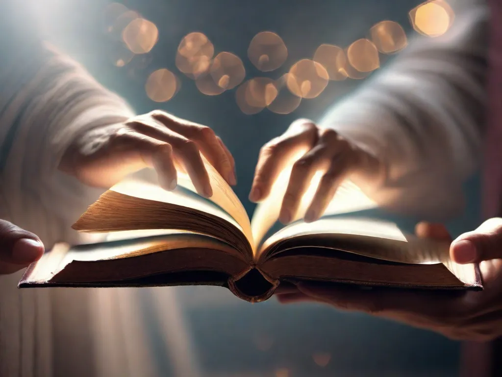 Uma imagem cativante para um post de blog sobre livros de romance no gênero espiritual poderia ser uma foto em close das mãos de duas pessoas segurando um livro desgastado, com uma suave luminosidade emanando de suas páginas. As mãos estão delicadamente entrelaçadas, simbolizando a conexão entre as almas através do poder da literatura de romance espiritual.