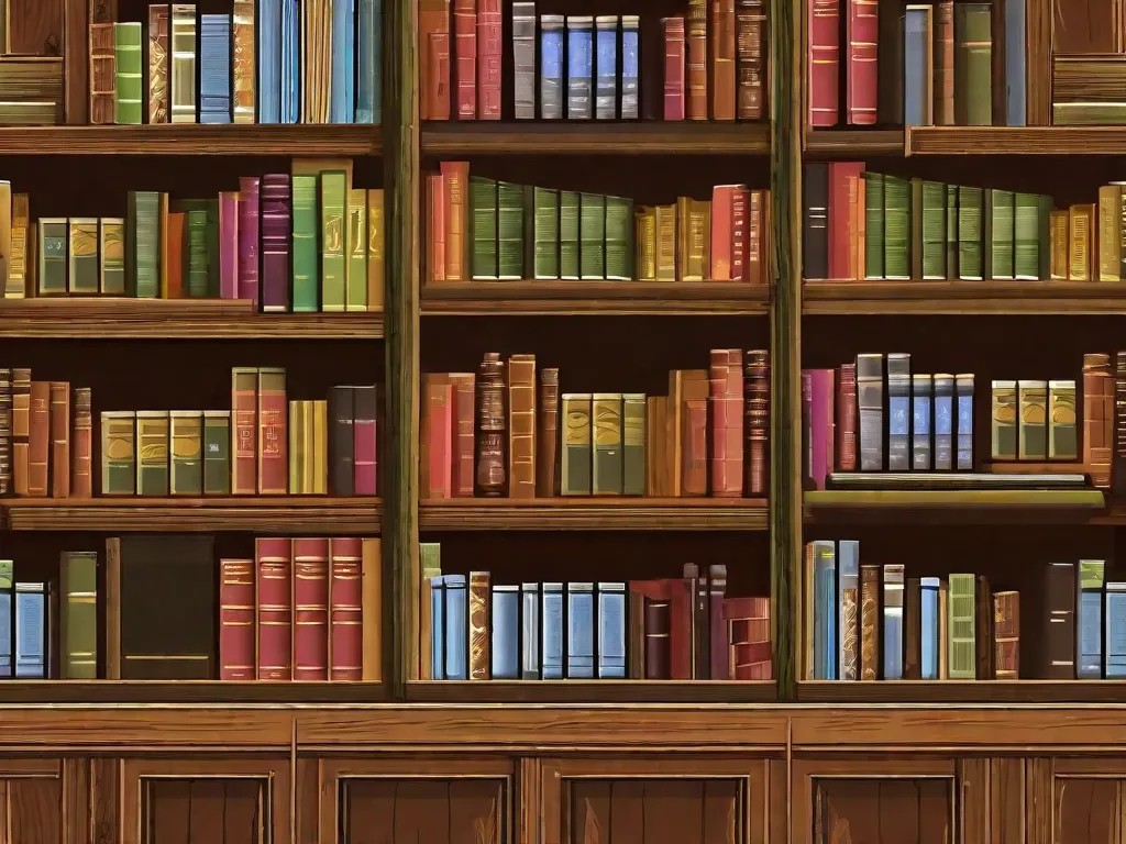 Uma estante de madeira rústica está em frente a um cenário de campos verdes ondulantes. As prateleiras estão adornadas com uma variedade de livros sobre agricultura e pecuária, mostrando o conhecimento diversificado necessário para prosperar no mundo da agropecuária. Cada livro representa um recurso valioso para agricultores e pecuaristas, oferecendo insights sobre cultivo de culturas, criação