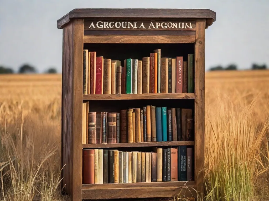Uma imagem vibrante de uma estante de livros rústica de madeira, cheia de livros sobre vários aspectos da agropecuária. Os livros mostram uma variedade de temas, incluindo técnicas de agricultura sustentável, manejo de gado, cultivo de culturas e economia agrícola. Os tons quentes e as texturas naturais dos livros e da estante evocam uma sens